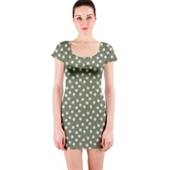 Sage Green White Floral Print Short Sleeve Bodycon Dress by SpinnyChairDesigns