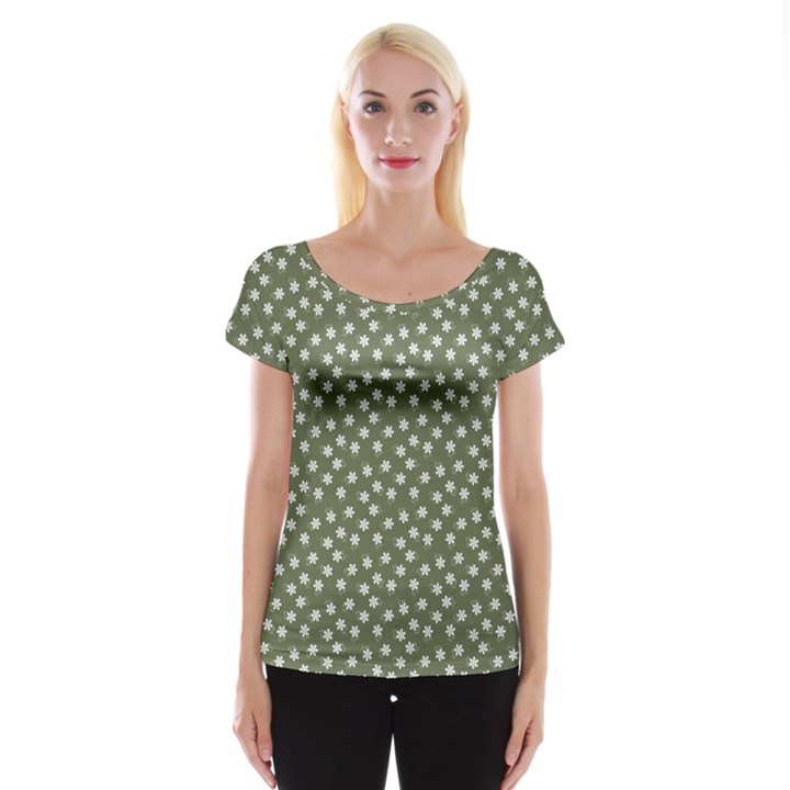 Sage Green White Floral Print Cap Sleeve Top