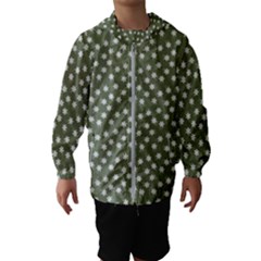 Sage Green White Floral Print Kids  Hooded Windbreaker by SpinnyChairDesigns