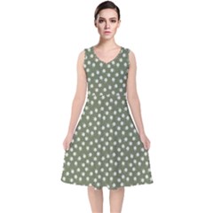 Sage Green White Floral Print V-neck Midi Sleeveless Dress  by SpinnyChairDesigns