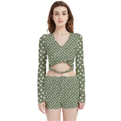 Sage Green White Floral Print Velvet Wrap Crop Top