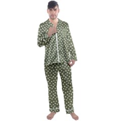 Sage Green White Floral Print Men s Long Sleeve Satin Pyjamas Set by SpinnyChairDesigns