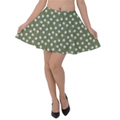 Sage Green White Floral Print Velvet Skater Skirt by SpinnyChairDesigns