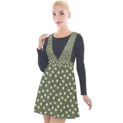 Sage Green White Floral Print Plunge Pinafore Velour Dress by SpinnyChairDesigns