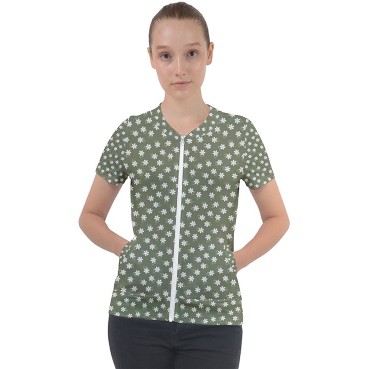 Sage Green White Floral Print Short Sleeve Zip Up Jacket