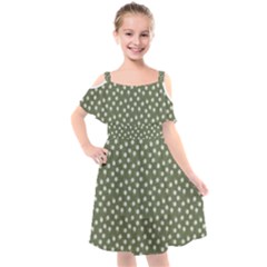 Sage Green White Floral Print Kids  Cut Out Shoulders Chiffon Dress by SpinnyChairDesigns