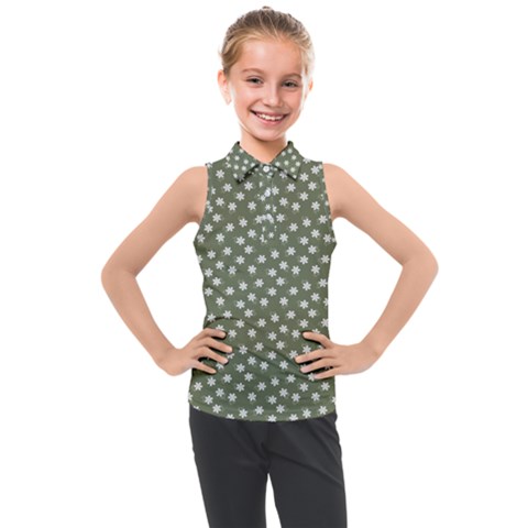 Sage Green White Floral Print Kids  Sleeveless Polo Tee by SpinnyChairDesigns