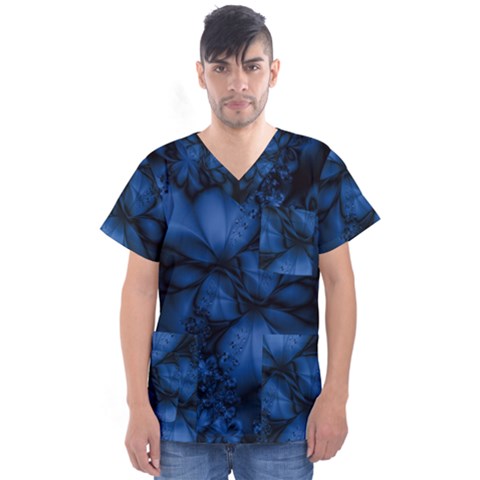 Dark Blue Abstract Pattern Men s V-neck Scrub Top by SpinnyChairDesigns