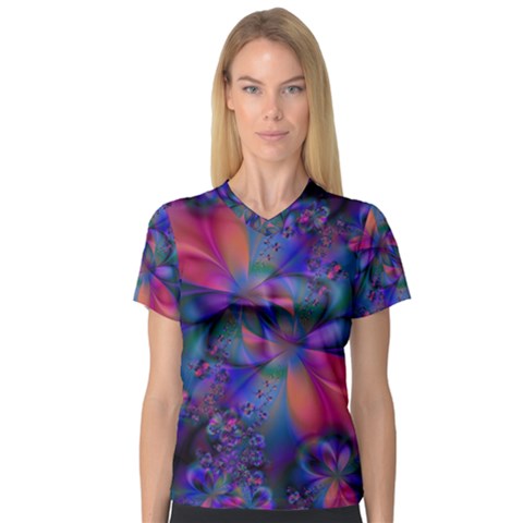 Abstract Floral Art Print V-neck Sport Mesh Tee by SpinnyChairDesigns