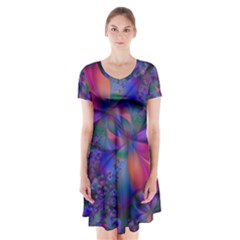 Abstract Floral Art Print Short Sleeve V-neck Flare Dress by SpinnyChairDesigns