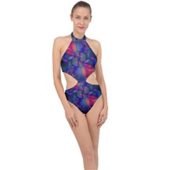 Abstract Floral Art Print Halter Side Cut Swimsuit