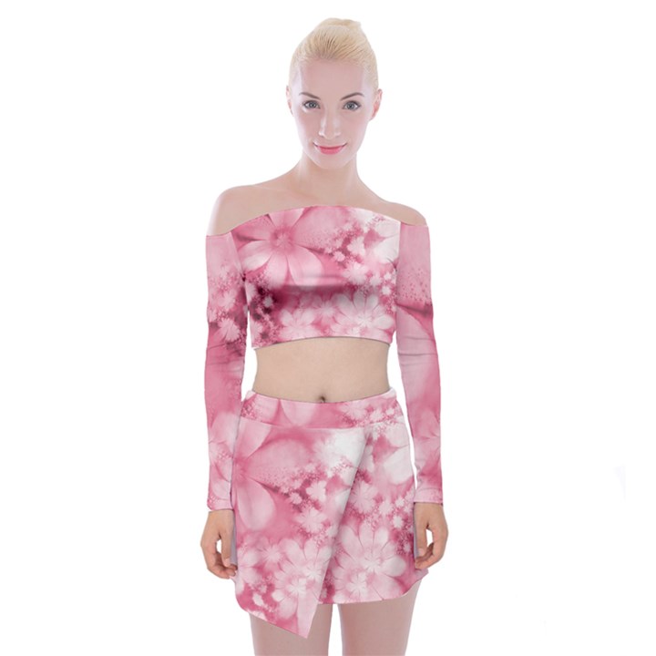 Blush Pink Watercolor Flowers Off Shoulder Top with Mini Skirt Set