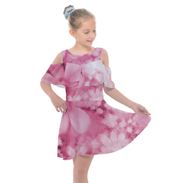 Blush Pink Watercolor Flowers Kids  Shoulder Cutout Chiffon Dress