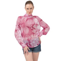 Blush Pink Watercolor Flowers High Neck Long Sleeve Chiffon Top by SpinnyChairDesigns