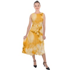 Saffron Yellow Watercolor Floral Print Midi Tie-back Chiffon Dress by SpinnyChairDesigns