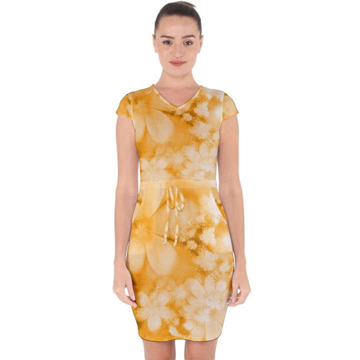 Saffron Yellow Watercolor Floral Print Capsleeve Drawstring Dress 