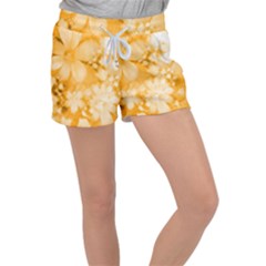 Saffron Yellow Watercolor Floral Print Velour Lounge Shorts by SpinnyChairDesigns