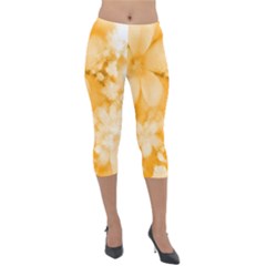 Saffron Yellow Watercolor Floral Print Lightweight Velour Capri Leggings  by SpinnyChairDesigns