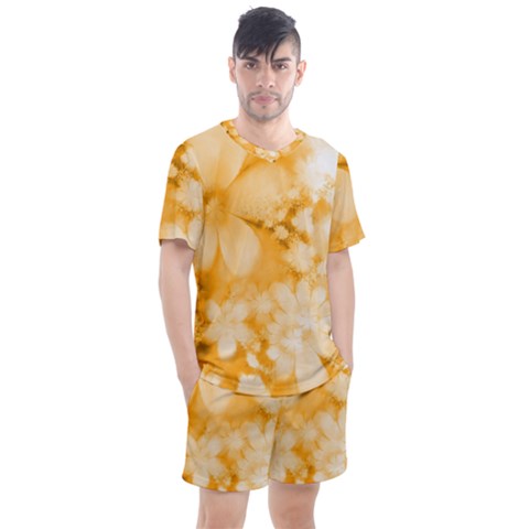 Saffron Yellow Watercolor Floral Print Men s Mesh Tee And Shorts Set by SpinnyChairDesigns