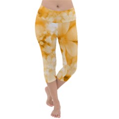 Saffron Yellow Watercolor Floral Print Lightweight Velour Capri Yoga Leggings by SpinnyChairDesigns