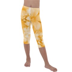 Saffron Yellow Watercolor Floral Print Kids  Lightweight Velour Capri Leggings  by SpinnyChairDesigns