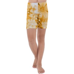 Saffron Yellow Watercolor Floral Print Kids  Lightweight Velour Capri Yoga Leggings by SpinnyChairDesigns