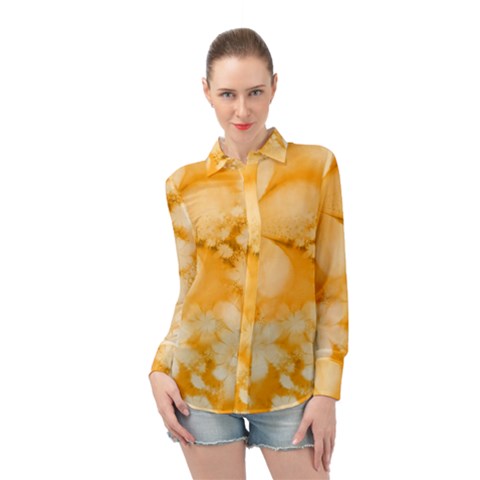 Saffron Yellow Watercolor Floral Print Long Sleeve Chiffon Shirt by SpinnyChairDesigns