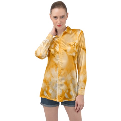 Saffron Yellow Watercolor Floral Print Long Sleeve Satin Shirt by SpinnyChairDesigns