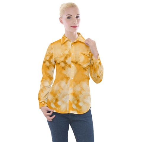 Saffron Yellow Watercolor Floral Print Women s Long Sleeve Pocket Shirt by SpinnyChairDesigns