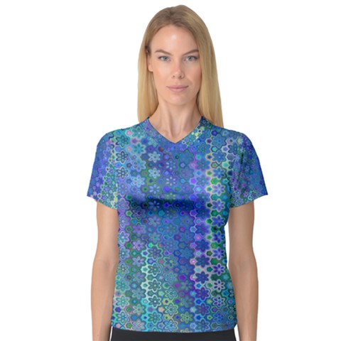 Boho Blue Wildflower Print V-neck Sport Mesh Tee by SpinnyChairDesigns