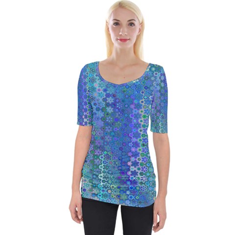 Boho Blue Wildflower Print Wide Neckline Tee by SpinnyChairDesigns