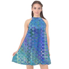 Boho Blue Wildflower Print Halter Neckline Chiffon Dress  by SpinnyChairDesigns