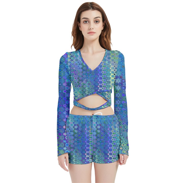 Boho Blue Wildflower Print Velvet Wrap Crop Top