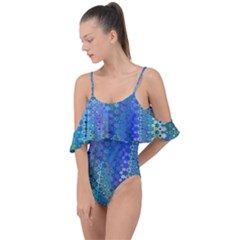 Boho Blue Wildflower Print Drape Piece Swimsuit by SpinnyChairDesigns