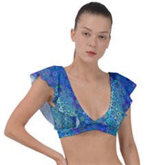 Boho Blue Wildflower Print Plunge Frill Sleeve Bikini Top by SpinnyChairDesigns