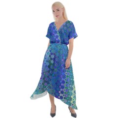 Boho Blue Wildflower Print Cross Front Sharkbite Hem Maxi Dress by SpinnyChairDesigns