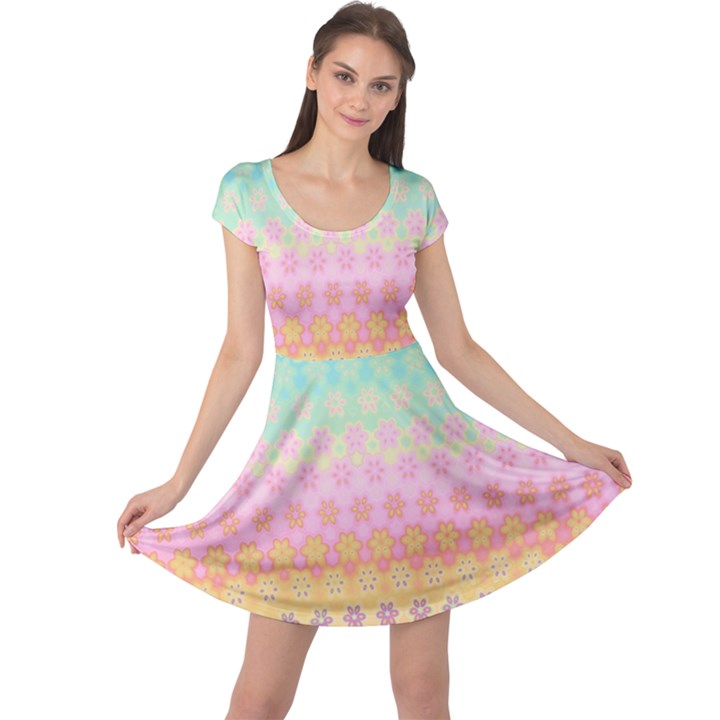 Boho Retro Pastel Floral Pattern Cap Sleeve Dress