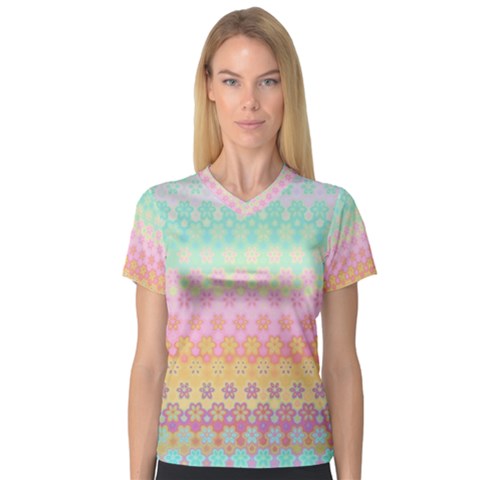 Boho Retro Pastel Floral Pattern V-neck Sport Mesh Tee by SpinnyChairDesigns