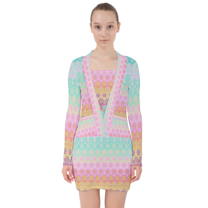 Boho Retro Pastel Floral Pattern V-neck Bodycon Long Sleeve Dress