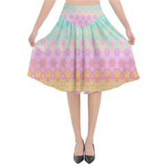 Boho Retro Pastel Floral Pattern Flared Midi Skirt by SpinnyChairDesigns