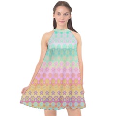 Boho Retro Pastel Floral Pattern Halter Neckline Chiffon Dress  by SpinnyChairDesigns