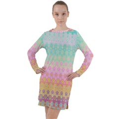 Boho Retro Pastel Floral Pattern Long Sleeve Hoodie Dress by SpinnyChairDesigns