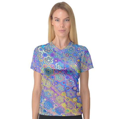 Boho Retro Wildflower Print V-neck Sport Mesh Tee by SpinnyChairDesigns