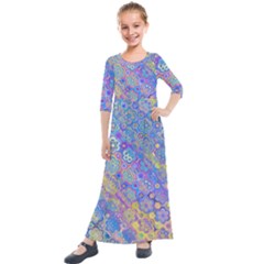 Boho Retro Wildflower Print Kids  Quarter Sleeve Maxi Dress