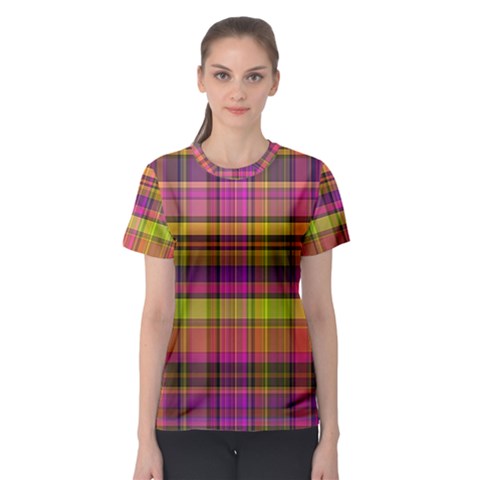 Pink Yellow Madras Plaid Women s Sport Mesh Tee by SpinnyChairDesigns