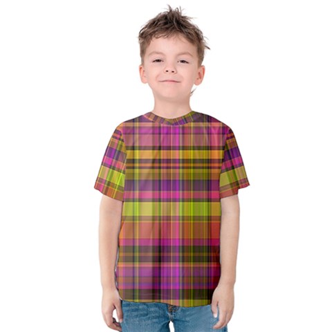 Pink Yellow Madras Plaid Kids  Cotton Tee by SpinnyChairDesigns