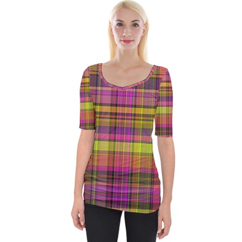 Pink Yellow Madras Plaid Wide Neckline Tee by SpinnyChairDesigns