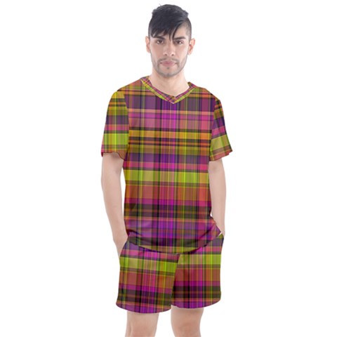 Pink Yellow Madras Plaid Men s Mesh Tee And Shorts Set by SpinnyChairDesigns