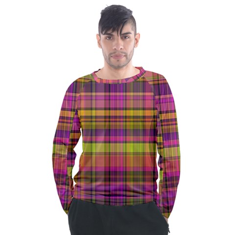 Pink Yellow Madras Plaid Men s Long Sleeve Raglan Tee by SpinnyChairDesigns