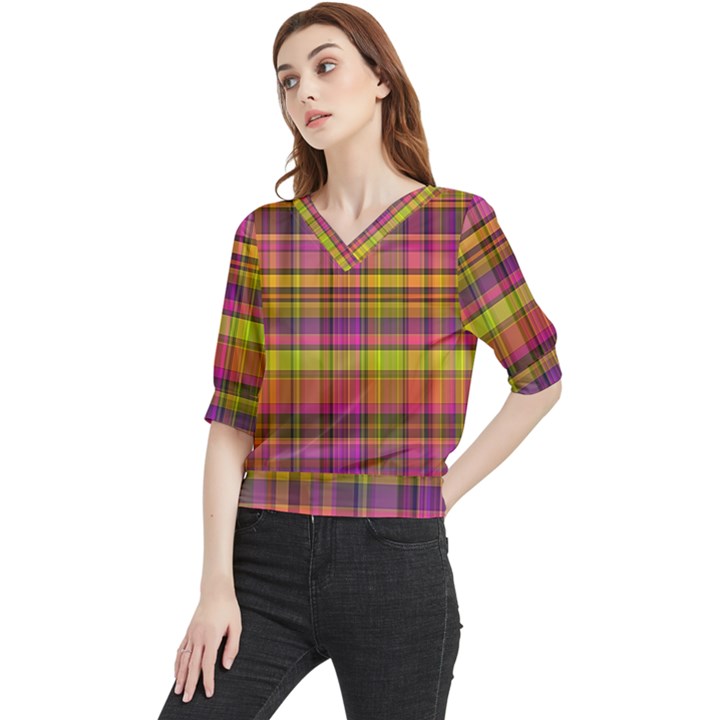 Pink Yellow Madras Plaid Quarter Sleeve Blouse